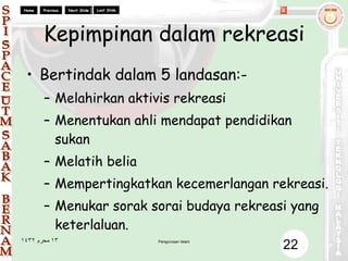 Kepimpinan dalam rekreasi Bertindak dalam 5 landasan:- Melahirkan aktivis rekreasi Menentukan ahli mendapat pendidikan sukan Melatih belia  Mempertingkatkan kecemerlangan rekreasi. Menukar sorak sorai budaya rekreasi yang keterlaluan. 