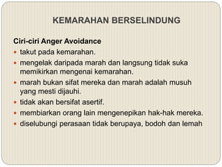 KEMARAHAN BERSELINDUNG
Ciri-ciri Anger Avoidance
 takut pada kemarahan.
 mengelak daripada marah dan langsung tidak suka
memikirkan mengenai kemarahan.
 marah bukan sifat mereka dan marah adalah musuh
yang mesti dijauhi.
 tidak akan bersifat asertif.
 membiarkan orang lain mengenepikan hak-hak mereka.
 diselubungi perasaan tidak berupaya, bodoh dan lemah
 