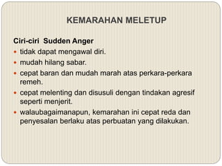 KEMARAHAN MELETUP
Ciri-ciri Sudden Anger
 tidak dapat mengawal diri.
 mudah hilang sabar.
 cepat baran dan mudah marah atas perkara-perkara
remeh.
 cepat melenting dan disusuli dengan tindakan agresif
seperti menjerit.
 walaubagaimanapun, kemarahan ini cepat reda dan
penyesalan berlaku atas perbuatan yang dilakukan.
 