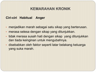 KEMARAHAN KRONIK
Ciri-ciri Habitual Anger
• menjadikan marah sebagai satu sikap yang berterusan.
• merasa selesa dengan sikap yang ditunjukkan.
• tidak merasa susah hati dengan sikap yang ditunjukkan
dan tiada keinginan untuk mengubahnya.
• disebabkan oleh faktor seperti latar belakang keluarga
yang suka marah.
 