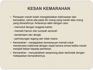 KESAN KEMARAHAN
 Perasaan marah boleh mengakibatkan kebinasaan dan
kerosakan, sama ada pada diri orang yang marah atau orang
yang dimarahinya. Antaranya ialah dengan cara:
- memukul dengan anggota badan
- memaki hamun dan sumpah seranah
- berdendam dan dengki
- perhubungan tegang dan tidak mesra
 Kemarahan - menjejaskan kemampuan mental untuk
memproses maklumat dengan cepat kerana emosi ketika marah
menjadi beban kepada pemikiran.
 Kemarahan - menyebabkan seseorang akan bertindak dengan
melepaskan kemarahannya.
 