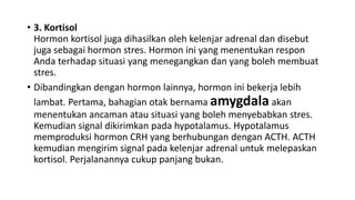 • 3. Kortisol
Hormon kortisol juga dihasilkan oleh kelenjar adrenal dan disebut
juga sebagai hormon stres. Hormon ini yang menentukan respon
Anda terhadap situasi yang menegangkan dan yang boleh membuat
stres.
• Dibandingkan dengan hormon lainnya, hormon ini bekerja lebih
lambat. Pertama, bahagian otak bernama amygdala akan
menentukan ancaman atau situasi yang boleh menyebabkan stres.
Kemudian signal dikirimkan pada hypotalamus. Hypotalamus
memproduksi hormon CRH yang berhubungan dengan ACTH. ACTH
kemudian mengirim signal pada kelenjar adrenal untuk melepaskan
kortisol. Perjalanannya cukup panjang bukan.
 
