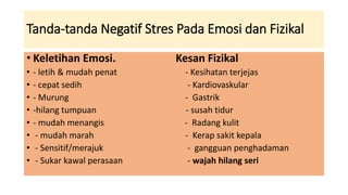 Tanda-tanda Negatif Stres Pada Emosi dan Fizikal
• Keletihan Emosi. Kesan Fizikal
• - letih & mudah penat - Kesihatan terjejas
• - cepat sedih - Kardiovaskular
• - Murung - Gastrik
• -hilang tumpuan - susah tidur
• - mudah menangis - Radang kulit
• - mudah marah - Kerap sakit kepala
• - Sensitif/merajuk - gangguan penghadaman
• - Sukar kawal perasaan - wajah hilang seri
 