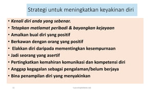 • Kenali diri anda yang sebenar.
• Tetapkan matlamat peribadi & bayangkan kejayaan
• Amalkan bual diri yang positif
• Berkawan dengan orang yang positif
• Elakkan diri daripada mementingkan kesempurnaan
• Jadi seorang yang asertif
• Pertingkatkan kemahiran komunikasi dan kompetensi diri
• Anggap kegagalan sebagai pengalaman/belum berjaya
• Bina penampilan diri yang menyakinkan
Strategi untuk meningkatkan keyakinan diri
42 hakmilik@MBAM.IAB
 
