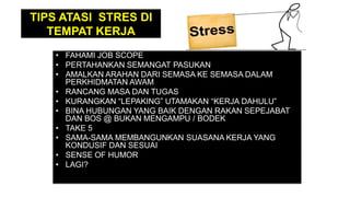 TIPS ATASI STRES DI
TEMPAT KERJA
• FAHAMI JOB SCOPE
• PERTAHANKAN SEMANGAT PASUKAN
• AMALKAN ARAHAN DARI SEMASA KE SEMASA DALAM
PERKHIDMATAN AWAM
• RANCANG MASA DAN TUGAS
• KURANGKAN “LEPAKING” UTAMAKAN “KERJA DAHULU”
• BINA HUBUNGAN YANG BAIK DENGAN RAKAN SEPEJABAT
DAN BOS @ BUKAN MENGAMPU / BODEK
• TAKE 5
• SAMA-SAMA MEMBANGUNKAN SUASANA KERJA YANG
KONDUSIF DAN SESUAI
• SENSE OF HUMOR
• LAGI?
 