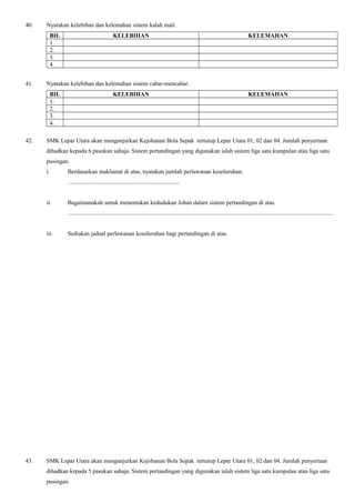 40. Nyatakan kelebihan dan kelemahan sistem kalah mati.
BIL KELEBIHAN KELEMAHAN
1.
2.
3.
4.
41. Nyatakan kelebihan dan kelemahan sistem cabar-mencabar.
BIL KELEBIHAN KELEMAHAN
1.
2.
3.
4.
42. SMK Lepar Utara akan menganjurkan Kejohanan Bola Sepak tertutup Lepar Utara 01, 02 dan 04. Jumlah penyertaan
dihadkan kepada 6 pasukan sahaja. Sistem pertandingan yang digunakan ialah sistem liga satu kumpulan atau liga satu
pusingan.
i. Berdasarkan maklumat di atas, nyatakan jumlah perlawanan keseluruhan.
...........................................................................
ii. Bagaimanakah untuk menentukan kedudukan Johan dalam sistem pertandingan di atas.
..................................................................................................................................................................................
iii. Sediakan jadual perlawanan keseluruhan bagi pertandingan di atas.
43. SMK Lepar Utara akan menganjurkan Kejohanan Bola Sepak tertutup Lepar Utara 01, 02 dan 04. Jumlah penyertaan
dihadkan kepada 5 pasukan sahaja. Sistem pertandingan yang digunakan ialah sistem liga satu kumpulan atau liga satu
pusingan.
 