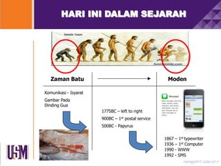 HARI INI DALAM SEJARAH
Sekadar hiasan

Zaman Batu

Moden

Komunikasi - Isyarat
Gambar Pada
Dinding Gua
1775BC – left to right
900BC – 1st postal service
500BC - Papyrus
1867 – 1st typewriter
1936 – 1st Computer
1990 - WWW
1992 - SMS
HAH@IPPT USM 2013

 