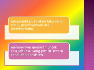 Menunjukkan tingkah laku yang
betul (memodelkan atau
memberitahu).




Memberikan ganjaran untuk
tingkah laku yang positif secara
tekal dan konsisten.
 