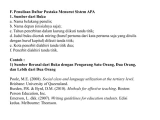 F. Penulisan Daftar Pustaka Menurut Sistem APA
1. Sumber dari Buku
a. Nama belakang penulis;
b. Nama depan (inisialnya saja);
c. Tahun penerbitan dalam kurung diikuti tanda titik;
d. Judul buku dicetak miring (huruf pertama dari kata pertama saja yang ditulis
dengan huruf kapital) diikuti tanda titik;
e. Kota penerbit diakhiri tanda titik dua;
f. Penerbit diakhiri tanda titik.
Contoh :
1) Sumber Berasal dari Buku dengan Pengarang Satu Orang, Dua Orang,
dan Lebih dari Dua Orang
Poole, M.E. (2008). Social class and language utilization at the tertiary level.
Brisbane: University of Queensland.
Burden, P.R. & Byrd, D.M. (2010). Methods for effective teaching. Boston:
Person Education, Inc.
Emerson, L. dkk. (2007). Writing guidelines for education students. Edisi
kedua. Melbourne: Thomson.
 