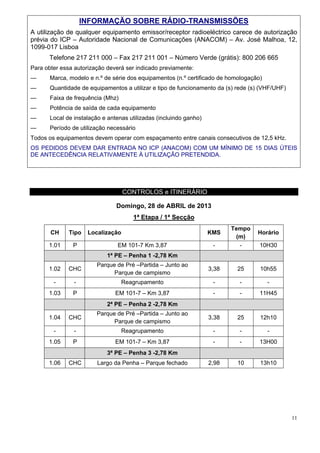 INFORMAÇÃO SOBRE RÁDIO-TRANSMISSÕES
A utilização de qualquer equipamento emissor/receptor radioeléctrico carece de autorização
prévia do ICP – Autoridade Nacional de Comunicações (ANACOM) – Av. José Malhoa, 12,
1099-017 Lisboa
      Telefone 217 211 000 – Fax 217 211 001 – Número Verde (grátis): 800 206 665
Para obter essa autorização deverá ser indicado previamente:
—      Marca, modelo e n.º de série dos equipamentos (n.º certificado de homologação)
—      Quantidade de equipamentos a utilizar e tipo de funcionamento da (s) rede (s) (VHF/UHF)
—      Faixa de frequência (Mhz)
—      Potência de saída de cada equipamento
—      Local de instalação e antenas utilizadas (incluindo ganho)
—      Período de utilização necessário
Todos os equipamentos devem operar com espaçamento entre canais consecutivos de 12,5 kHz.
OS PEDIDOS DEVEM DAR ENTRADA NO ICP (ANACOM) COM UM MÍNIMO DE 15 DIAS ÚTEIS
DE ANTECEDÊNCIA RELATIVAMENTE À UTILIZAÇÃO PRETENDIDA.




                                   CONTROLOS e ITINERÁRIO

                                Domingo, 28 de ABRIL de 2013
                                      1ª Etapa / 1ª Secção
                                                                           Tempo
       CH     Tipo   Localização                                    KMS            Horário
                                                                            (m)
      1.01     P                EM 101-7 Km 3,87                     -       -      10H30
                            1ª PE – Penha 1 -2,78 Km
                        Parque de Pré –Partida – Junto ao
      1.02    CHC                                                   3,38    25      10h55
                              Parque de campismo
        -       -                  Reagrupamento                     -       -          -
      1.03     P                EM 101-7 – Km 3,87                   -       -      11H45
                            2ª PE – Penha 2 -2,78 Km
                        Parque de Pré –Partida – Junto ao
      1.04    CHC                                                   3,38    25      12h10
                              Parque de campismo
        -       -                  Reagrupamento                     -       -          -
      1.05     P                EM 101-7 – Km 3,87                   -       -      13H00
                            3ª PE – Penha 3 -2,78 Km
      1.06    CHC        Largo da Penha – Parque fechado            2,98    10      13h10




                                                                                                 11
 