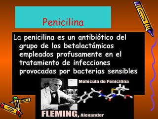 Penicilina
La penicilina es un antibiótico del
grupo de los betalactámicos
empleados profusamente en el
tratamiento de infecciones
provocadas por bacterias sensibles