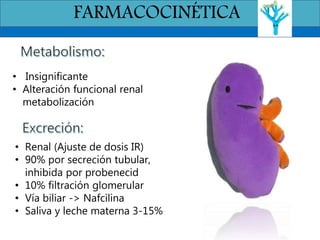 FARMACOCINÉTICA
• Insignificante
• Alteración funcional renal
metabolización
• Renal (Ajuste de dosis IR)
• 90% por secreción tubular,
inhibida por probenecid
• 10% filtración glomerular
• Vía biliar -> Nafcilina
• Saliva y leche materna 3-15%
 