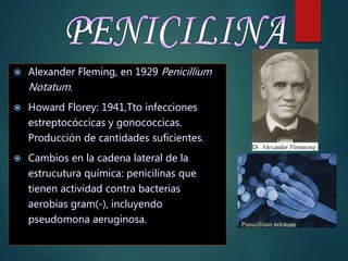  Alexander Fleming, en 1929 Penicillium
Notatum.
 Howard Florey: 1941,Tto infecciones
estreptocóccicas y gonococcicas.
Producción de cantidades suficientes.
 Cambios en la cadena lateral de la
estrucutura química: penicilinas que
tienen actividad contra bacterias
aerobias gram(-), incluyendo
pseudomona aeruginosa.
 