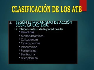 2. SEGÚN EL MECANISMO DE ACCIÓN
SOBRE LA BACTERIA.
a. Inhiben síntesis de la pared celular.
* Penicilinas
* Monobactámicos
* Carbapenem
* Cefalosporinas
* Vancomicina
* Fosfomicina
* Bacitracina
* Teicoplamina
 