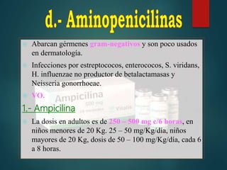  Abarcan gérmenes gram-negativos y son poco usados
en dermatología.
 Infecciones por estreptococos, enterococos, S. viridans,
H. influenzae no productor de betalactamasas y
Neisseria gonorrhoeae.
 VO.
1.- Ampicilina
 La dosis en adultos es de 250 – 500 mg c/6 horas, en
niños menores de 20 Kg. 25 – 50 mg/Kg/día, niños
mayores de 20 Kg, dosis de 50 – 100 mg/Kg/día, cada 6
a 8 horas.
 