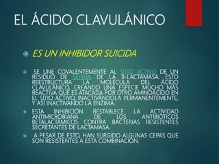 EL ÁCIDO CLAVULÁNICO
 ES UN INHIBIDOR SUICIDA
 SE UNE COVALENTEMENTE AL SITIO ACTIVO DE UN
RESIDUO DE SERINA DE LA Β-LACTAMASA. ESTO
REESTRUCTURA LA MOLÉCULA DEL ÁCIDO
CLAVULÁNICO, CREANDO UNA ESPECIE MUCHO MÁS
REACTIVA QUE ES ATACADA POR OTRO AMINOÁCIDO EN
EL SITIO ACTIVO, INACTIVÁNDOLA PERMANENTEMENTE,
Y ASÍ INACTIVANDO LA ENZIMA.
 ESTA INHIBICIÓN RESTABLECE LA ACTIVIDAD
ANTIMICROBIANA DE LOS ANTIBIÓTICOS
BETALACTÁMICOS CONTRA BACTERIAS RESISTENTES
SECRETANTES DE LACTAMASA.
 A PESAR DE ESTO, HAN SURGIDO ALGUNAS CEPAS QUE
SON RESISTENTES A ESTA COMBINACIÓN.
 