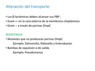 Alteración del transporte
• Los β-lactámicos deben alcanzar sus PBP :
• Gram +: en la cara externa de la membrana citoplásmica
• Gram -: a través de porinas OmpC
RESISTENCIA:
• Mutantes que no produzcan porinas OmpC
Ejemplo: Salmonella, Klebsiella y Enterobacter
• Bombas de expulsión o de salida
Ejemplo: Pseudomonas
 