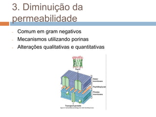 3. Diminuição da
permeabilidade
- Comum em gram negativos
- Mecanismos utilizando porinas
- Alterações qualitativas e quantitativas
 