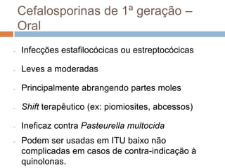 Cefalosporinas de 1ª geração –
Oral
- Infecções estafilocócicas ou estreptocócicas
- Leves a moderadas
- Principalmente abrangendo partes moles
- Shift terapêutico (ex: piomiosites, abcessos)
- Ineficaz contra Pasteurella multocida
- Podem ser usadas em ITU baixo não
complicadas em casos de contra-indicação à
quinolonas.
 