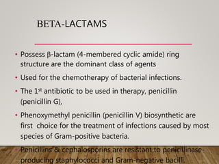 ΒETA-LACTAMS
• Possess β-lactam (4-membered cyclic amide) ring
structure are the dominant class of agents
• Used for the chemotherapy of bacterial infections.
• The 1st antibiotic to be used in therapy, penicillin
(penicillin G),
• Phenoxymethyl penicillin (penicillin V) biosynthetic are
first choice for the treatment of infections caused by most
species of Gram-positive bacteria.
• Penicillins & cephalosporins are resistant to penicillinase-
producing staphylococci and Gram-negative bacilli.
 