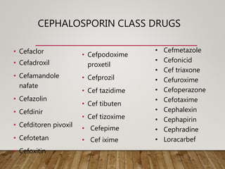 CEPHALOSPORIN CLASS DRUGS
• Cefaclor
• Cefadroxil
• Cefamandole
nafate
• Cefazolin
• Cefdinir
• Cefditoren pivoxil
• Cefotetan
• Cefoxitin
• Cefmetazole
• Cefonicid
• Cef triaxone
• Cefuroxime
• Cefoperazone
• Cefotaxime
• Cephalexin
• Cephapirin
• Cephradine
• Loracarbef
• Cefpodoxime
proxetil
• Cefprozil
• Cef tazidime
• Cef tibuten
• Cef tizoxime
• Cefepime
• Cef ixime
 