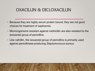OXACILLIN & DICLOXACILLIN
• Because they are highly serum protein bound, they are not good
choices for treatment of septicemia.
• Microorganisms resistant against methicillin are also resistant to the
isoxazolyl group of penicillins.
• Like nafcillin, the isoxazolyl group of penicillins is primarily used
against penicillinase-producing Staphylococcus aureus
 