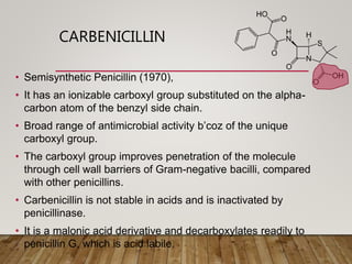 CARBENICILLIN
• Semisynthetic Penicillin (1970),
• It has an ionizable carboxyl group substituted on the alpha-
carbon atom of the benzyl side chain.
• Broad range of antimicrobial activity b’coz of the unique
carboxyl group.
• The carboxyl group improves penetration of the molecule
through cell wall barriers of Gram-negative bacilli, compared
with other penicillins.
• Carbenicillin is not stable in acids and is inactivated by
penicillinase.
• It is a malonic acid derivative and decarboxylates readily to
penicillin G, which is acid labile.
 