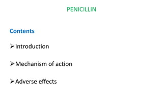 PENICILLIN
Contents
Introduction
Mechanism of action
Adverse effects
 