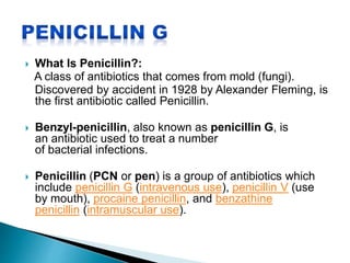  What Is Penicillin?:
A class of antibiotics that comes from mold (fungi).
Discovered by accident in 1928 by Alexander Fleming, is
the first antibiotic called Penicillin.
 Benzyl-penicillin, also known as penicillin G, is
an antibiotic used to treat a number
of bacterial infections.
 Penicillin (PCN or pen) is a group of antibiotics which
include penicillin G (intravenous use), penicillin V (use
by mouth), procaine penicillin, and benzathine
penicillin (intramuscular use).
 