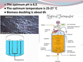 ● The optimum pH is 6.5
● •The optimum temperature is 25-27 ˚C
● •Biomass doubling is about 6h
 