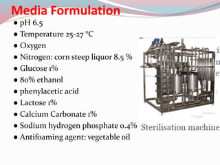 Media Formulation
● pH 6.5
● Temperature 25-27 °C
● Oxygen
● Nitrogen: corn steep liquor 8.5 %
● Glucose 1%
● 80% ethanol
● phenylacetic acid
● Lactose 1%
● Calcium Carbonate 1%
● Sodium hydrogen phosphate 0.4%
● Antifoaming agent: vegetable oil
 