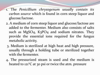 1. The Penicillium chrysogenum usually contain its
carbon source which is found in corn steep liquor and
glucose/lactose.
2. A medium of corn steep liquor and glucose/lactose are
added to the fermenter. Medium also consists of salts
such as MgSO4, K3PO4 and sodium nitrates. They
provide the essential ions required for the fungus
metabolic activity.
3. Medium is sterilized at high heat and high pressure,
usually through a holding tube or sterilized together
with the fermenter.
4. The pressurized steam is used and the medium is
heated to 121°C at 30 psi or twice the atm. pressure
 