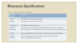 Bioreactor Specifications
Table 1: The different parameters in a bioreactor.
Different
Aspects
Procedure
Volume 300-500m3, made from stainless steel.
agitation provided at a rate of 100 to 300 rpm.
Temperature controlled by using cooling coils.
Parameters
Monitoring
Dissolved oxygen and other parameters should be continuously controlled,
this is achieved by the withdrawal of small volumes of broth in the fermenter.
Aeration Vigorous supplied from the bottom of fermenters by ring or tube sparges.
Common
Problems
Due to the high viscosity of the broth, oxygen transfer is a major
problem in penicillin fermentations.
 
