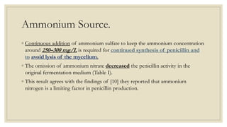 Ammonium Source.
◦ Continuous addition of ammonium sulfate to keep the ammonium concentration
around 250–300 mg/L is required for continued synthesis of penicillin and
to avoid lysis of the mycelium.
◦ The omission of ammonium nitrate decreased the penicillin activity in the
original fermentation medium (Table I).
◦ This result agrees with the findings of [10] they reported that ammonium
nitrogen is a limiting factor in penicillin production.
 