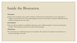 Inside the Bioreactor.
First phase-
growth of the mycelium occurs, yield of antibiotic is quite low.Lactic acid present in corn steep liquor is
utilized at the maximum rate by the microorganisms. Lactose is used slowly. Ammonia is liberated into the
medium resulting into the rise in pH.
Second phase-
There was intense synthesis of penicillin in this phase, due to rapidconsumption of lactose and ammonia
nitrogen. The mycelia mass increases, the pH remainunchanged.
Third phase-
The concentration of antibiotic decreases in the medium. The autolysis of mycelium starts, liberation of
ammonia and slight rise in pH.
 