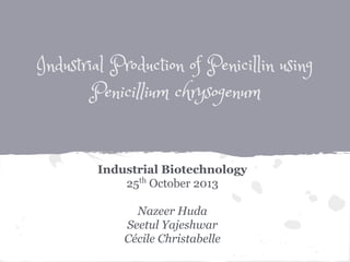Industrial Production of Penicillin using
Penicillium chrysogenum
Industrial Biotechnology
25th
October 2013
Nazeer Huda
Seetul Yajeshwar
Cécile Christabelle
 