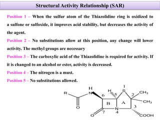 Position 1 – When the sulfur atom of the Thiazolidine ring is oxidized to
a sulfone or sulfoxide, it improves acid stability, but decreases the activity of
the agent.
Position 2 – No substitutions allow at this position, any change will lower
activity. The methyl groups are necessary
Position 3 – The carboxylic acid of the Thiazolidine is required for activity. If
it is changed to an alcohol or ester, activity is decreased.
Position 4 – The nitrogen is a must.
Position 5 – No substitutions allowed.
Structural Activity Relationship (SAR)
N
S CH3
CH3
O
H
COOH
N
O
R
H
B A
1
2
3
5
4
6
7
 