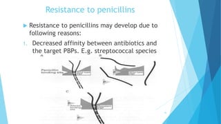 Resistance to penicillins
 Resistance to penicillins may develop due to
following reasons:
1. Decreased affinity between antibiotics and
the target PBPs. E.g. streptococcal species
36
 