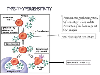 TYPE-IIHYPERSENSITIVITY
Penicillin changes the antigenicity
Of own antigen which leads to
Production of antibodies against
Own antigen
Antibodies against own antigen
HEMOLYTIC ANAEMIA
 