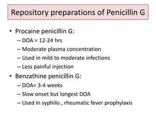 Repository preparations of Penicillin G
• Procaine penicillin G:
– DOA = 12-24 hrs
– Moderate plasma concentration
– Used in mild to moderate infections
– Less painful injection
• Benzathine penicillin G:
– DOA= 3-4 weeks
– Slow onset but longest DOA
– Used in syphilis , rheumatic fever prophylaxis
 