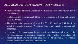 ACID-RESISTANT ALTERNATIVE TO PENICILLIN-G
• Phenoxymethyl penicillin (Penicillin V) It differs from PnG only in that it
is acid stable.
• Oral absorption is better; peak blood level is reached in 1 hour and plasma
t½ is 30–60 min.
• The antibacterial spectrum of penicillin V is identical to PnG, but it is
about 1/5 as active against Neisseria, other gram negative bacteria and
anaerobes.
• It cannot be depended upon for more serious infections and is used only
for streptococcal pharyngitis, sinusitis, otitis media, prophylaxis of
rheumatic fever (when an oral drug has to be selected), less serious
pneumococcal infections and trench mouth.
 