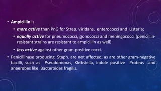 • Ampicillin is
• more active than PnG for Strep. viridans, enterococci and Listeria;
• equally active for pneumococci, gonococci and meningococci (penicillin-
resistant strains are resistant to ampicillin as well)
• less active against other gram-positive cocci.
• Penicillinase producing Staph. are not affected, as are other gram-negative
bacilli, such as Pseudomonas, Klebsiella, indole positive Proteus and
anaerobes like Bacteroides fragilis.
 