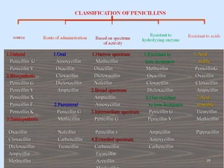 1.Natural1.Natural 1.Oral1.Oral 1.Narrow spectrum1.Narrow spectrum 1.Resistant1.Resistant toto 1.Acid1.Acid
Penicillin G Amoxycillin MethicillinPenicillin G Amoxycillin Methicillin betabeta lactamaselactamase stablestable
Peniciilin V Oxacillin Oxacillin Methicillin PenicillinGPeniciilin V Oxacillin Oxacillin Methicillin PenicillinG
2.Biosynthetic2.Biosynthetic Cloxacillin Dicloxacillin Oxacillin OxacillinCloxacillin Dicloxacillin Oxacillin Oxacillin
Penicillin G Dicloxacillin Nafcillin Cloxacillin CloxacillinPenicillin G Dicloxacillin Nafcillin Cloxacillin Cloxacillin
Penicillin V AmpicillinPenicillin V Ampicillin 2.Broad spectrum2.Broad spectrum Dicloxacillin AmpicillinDicloxacillin Ampicillin
Penicillin X AmpicillinPenicillin X Ampicillin 2.Non2.Non resistantresistant 2.Acid2.Acid
Penicillin FPenicillin F 2.Parenteral2.Parenteral AmoxycillinAmoxycillin toto betabeta lactamaselactamase unstableunstable
Penicillin K Penicillin GPenicillin K Penicillin G 3.Intermediate spectrum3.Intermediate spectrum Penicillin G TicarcillinPenicillin G Ticarcillin
3.Semisynthetic3.Semisynthetic Methicillin Penicillin G Penicillin V MethicillinMethicillin Penicillin G Penicillin V Methicillin
Oxacillin Nafcillin Penicillin v Ampicillin PiperacillinOxacillin Nafcillin Penicillin v Ampicillin Piperacillin
Cloxacillin CarbencillinCloxacillin Carbencillin 4.Extended spectrum4.Extended spectrum AmoxycillinAmoxycillin
Dicloxacillin Ticarcillin Carbencillin CarbencillinDicloxacillin Ticarcillin Carbencillin Carbencillin
Ampicillin TicarcillinAmpicillin Ticarcillin
Methicillin AzocillinMethicillin Azocillin 3838
 