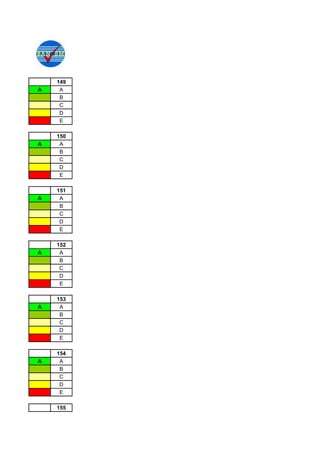 149
A    A
     B
     C
     D
     E

    150
A    A
     B
     C
     D
     E

    151
A    A
     B
     C
     D
     E

    152
A    A
     B
     C
     D
     E

    153
A    A
     B
     C
     D
     E

    154
A    A
     B
     C
     D
     E

    155
 