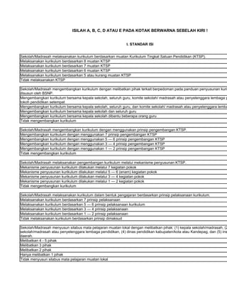 ISILAH A, B, C, D ATAU E PADA KOTAK BERWARNA SEBELAH KIRI !


                                                            I. STANDAR ISI


Sekolah/Madrasah melaksanakan kurikulum berdasarkan muatan Kurikulum Tingkat Satuan Pendidikan (KTSP).
Melaksanakan kurikulum berdasarkan 8 muatan KTSP
Melaksanakan kurikulum berdasarkan 7 muatan KTSP
Melaksanakan kurikulum berdasarkan 6 muatan KTSP
Melaksanakan kurikulum berdasarkan 5 atau kurang muatan KTSP
Tidak melaksanakan KTSP

Sekolah/Madrasah mengembangkan kurikulum dengan melibatkan pihak terkait berpedoman pada panduan penyusunan kurik
disusun oleh BSNP.
Mengembangkan kurikulum bersama kepala sekolah, seluruh guru, komite sekolah/ madrasah atau penyelenggara lembaga p
tokoh pendidikan setempat
Mengembangkan kurikulum bersama kepala sekolah, seluruh guru, dan komite sekolah/ madrasah atau penyelenggara lemba
Mengembangkan kurikulum bersama kepala sekolah dan seluruh guru
Mengembangkan kurikulum bersama kepala sekolah dibantu beberapa orang guru
Tidak mengembangkan kurikulum

Sekolah/Madrasah mengembangkan kurikulum dengan menggunakan prinsip pengembangan KTSP.
Mengembangkan kurikulum dengan menggunakan 7 prinsip pengembangan KTSP
Mengembangkan kurikulum dengan menggunakan 5 — 6 prinsip pengembangan KTSP
Mengembangkan kurikulum dengan menggunakan 3 — 4 prinsip pengembangan KTSP
Mengembangkan kurikulum dengan menggunakan 1 — 2 prinsip pengembangan KTSP
Tidak mengembangkan kurikulum

Sekolah/Madrasah melaksanakan pengembangan kurikulum melalui mekanisme penyusunan KTSP.
Mekanisme penyusunan kurikulum dilakukan melalui 7 kegiatan pokok
Mekanisme penyusunan kurikulum dilakukan melalui 5 — 6 (enam) kegiatan pokok
Mekanisme penyusunan kurikulum dilakukan melalui 3 — 4 kegiatan pokok
Mekanisme penyusunan kurikulum dilakukan melalui 1 — 2 kegiatan pokok
Tidak mengembangkan kurikulum

Sekolah/Madrasah melaksanakan kurikulum dalam bentuk pengajaran berdasarkan prinsip pelaksanaan kurikulum.
Melaksanakan kurikulum berdasarkan 7 prinsip pelaksanaan
Melaksanakan kurikulum berdasarkan 5 — 6 prinsip pelaksanaan kurikulum
Melaksanakan kurikulum berdasarkan 3 — 4 prinsip pelaksanaan
Melaksanakan kurikulum berdasarkan 1 — 2 prinsip pelaksanaan
Tidak melaksanakan kurikulum berdasarkan prinsip dimaksud

Sekolah/Madrasah menyusun silabus mata pelajaran muatan lokal dengan melibatkan pihak: (1) kepala sekolah/madrasah, (2
sekolah/madrasah atau penyelenggara lembaga pendidikan, (4) dinas pendidikan kabupaten/kota atau Kandepag, dan (5) ins
daerah.
Melibatkan 4 - 5 pihak
Melibatkan 3 pihak
Melibatkan 2 pihak
Hanya melibatkan 1 pihak
Tidak menyusun silabus mata pelajaran muatan lokal
 