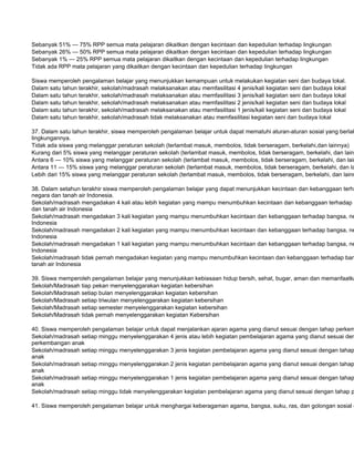 Sebanyak 51% — 75% RPP semua mata pelajaran dikaitkan dengan kecintaan dan kepedulian terhadap lingkungan
Sebanyak 26% — 50% RPP semua mata pelajaran dikaitkan dengan kecintaan dan kepedulian terhadap lingkungan
Sebanyak 1% — 25% RPP semua mata pelajaran dikaitkan dengan kecintaan dan kepedulian terhadap lingkungan
Tidak ada RPP mata pelajaran yang dikaitkan dengan kecintaan dan kepedulian terhadap lingkungan

Siswa memperoleh pengalaman belajar yang menunjukkan kemampuan untuk melakukan kegiatan seni dan budaya lokal.
Dalam satu tahun terakhir, sekolah/madrasah melaksanakan atau memfasilitasi 4 jenis/kali kegiatan seni dan budaya lokal
Dalam satu tahun terakhir, sekolah/madrasah melaksanakan atau memfasilitasi 3 jenis/kali kegiatan seni dan budaya lokal
Dalam satu tahun terakhir, sekolah/madrasah melaksanakan atau memfasilitasi 2 jenis/kali kegiatan seni dan budaya lokal
Dalam satu tahun terakhir, sekolah/madrasah melaksanakan atau memfasilitasi 1 jenis/kali kegiatan seni dan budaya lokal
Dalam satu tahun terakhir, sekolah/madrasah tidak melaksanakan atau memfasilitasi kegiatan seni dan budaya lokal

37. Dalam satu tahun terakhir, siswa memperoleh pengalaman belajar untuk dapat mematuhi aturan-aturan sosial yang berlak
lingkungannya.
Tidak ada siswa yang melanggar peraturan sekolah (terlambat masuk, membolos, tidak berseragam, berkelahi,dan lainnya)
Kurang dari 5% siswa yang melanggar peraturan sekolah (terlambat masuk, membolos, tidak berseragam, berkelahi, dan lainn
Antara 6 — 10% siswa yang melanggar peraturan sekolah (terlambat masuk, membolos, tidak berseragam, berkelahi, dan lain
Antara 11 — 15% siswa yang melanggar peraturan sekolah (terlambat masuk, membolos, tidak berseragam, berkelahi, dan la
Lebih dari 15% siswa yang melanggar peraturan sekolah (terlambat masuk, membolos, tidak berseragam, berkelahi, dan lainn

38. Dalam setahun terakhir siswa memperoleh pengalaman belajar yang dapat menunjukkan kecintaan dan kebanggaan terha
negara dan tanah air Indonesia.
Sekolah/madrasah mengadakan 4 kali atau lebih kegiatan yang mampu menumbuhkan kecintaan dan kebanggaan terhadap b
dan tanah air Indonesia
Sekolah/madrasah mengadakan 3 kali kegiatan yang mampu menumbuhkan kecintaan dan kebanggaan terhadap bangsa, ne
Indonesia
Sekolah/madrasah mengadakan 2 kali kegiatan yang mampu menumbuhkan kecintaan dan kebanggaan terhadap bangsa, ne
Indonesia
Sekolah/madrasah mengadakan 1 kali kegiatan yang mampu menumbuhkan kecintaan dan kebanggaan terhadap bangsa, ne
Indonesia
Sekolah/madrasah tidak pernah mengadakan kegiatan yang mampu menumbuhkan kecintaan dan kebanggaan terhadap ban
tanah air Indonesia

39. Siswa memperoleh pengalaman belajar yang menunjukkan kebiasaan hidup bersih, sehat, bugar, aman dan memanfaatka
Sekolah/Madrasah tiap pekan menyelenggarakan kegiatan kebersihan
Sekolah/Madrasah setiap bulan menyelenggarakan kegiatan kebersihan
Sekolah/Madrasah setiap triwulan menyelenggarakan kegiatan kebersihan
Sekolah/Madrasah setiap semester menyelenggarakan kegiatan kebersihan
Sekolah/Madrasah tidak pernah menyelenggarakan kegiatan Kebersihan

40. Siswa memperoleh pengalaman belajar untuk dapat menjalankan ajaran agama yang dianut sesuai dengan tahap perkem
Sekolah/madrasah setiap minggu menyelenggarakan 4 jenis atau lebih kegiatan pembelajaran agama yang dianut sesuai den
perkembangan anak
Sekolah/madrasah setiap minggu menyelenggarakan 3 jenis kegiatan pembelajaran agama yang dianut sesuai dengan tahap
anak
Sekolah/madrasah setiap minggu menyelenggarakan 2 jenis kegiatan pembelajaran agama yang dianut sesuai dengan tahap
anak
Sekolah/madrasah setiap minggu menyelenggarakan 1 jenis kegiatan pembelajaran agama yang dianut sesuai dengan tahap
anak
Sekolah/madrasah setiap minggu tidak menyelenggarakan kegiatan pembelajaran agama yang dianut sesuai dengan tahap p

41. Siswa memperoleh pengalaman belajar untuk menghargai keberagaman agama, bangsa, suku, ras, dan golongan sosial e
 