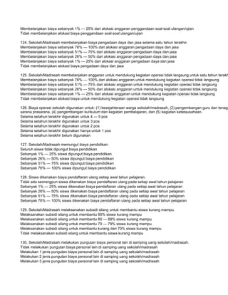 Membelanjakan biaya sebanyak 1% — 25% dari alokasi anggaran penggandaan soal-soal ulangan/ujian
Tidak membelanjakan alokasi biaya penggandaan soal-soal ulangan/ujian

124. Sekolah/Madrasah membelanjakan biaya pengadaan daya dan jasa selama satu tahun terakhir.
Membelanjakan biaya sebanyak 76% — 100% dari alokasi anggaran pengadaan daya dan jasa
Membelanjakan biaya sebanyak 51% — 75% dari alokasi anggaran pengadaan daya dan jasa
Membelanjakan biaya sebanyak 26% — 50% dari alokasi anggaran pengadaan daya dan jasa
Membelanjakan biaya sebanyak 1% — 25% dari alokasi anggaran pengadaan daya dan jasa
Tidak membelanjakan alokasi biaya pengadaan daya dan jasa

125. Sekolah/Madrasah membelanjakan anggaran untuk mendukung kegiatan operasi tidak langsung untuk satu tahun terakh
Membelanjakan biaya sebanyak 76% — 100% dari alokasi anggaran untuk mendukung kegiatan operasi tidak langsung
Membelanjakan biaya sebanyak 51% — 75% dari alokasi anggaran untuk mendukung kegiatan operasi tidak langsung
Membelanjakan biaya sebanyak 26% — 50% dari alokasi anggaran untuk mendukung kegiatan operasi tidak langsung
Membelanjakan biaya sebanyak 1% — 25% dari alokasi anggaran untuk mendukung kegiatan operasi tidak langsung
Tidak membelanjakan alokasi biaya untuk mendukung kegiatan operasi tidak langsung

126. Biaya operasi sekolah digunakan untuk: (1) kesejahteraan warga sekolah/madrasah, (2) pengembangan guru dan tenaga
sarana prasarana, (4) pengembangan kurikulum dan kegiatan pembelajaran, dan (5) kegiatan ketatausahaan.
Selama setahun terakhir digunakan untuk 4 — 5 pos
Selama setahun terakhir digunakan untuk 3 pos
Selama setahun terakhir digunakan untuk 2 pos
Selama setahun terakhir digunakan hanya untuk 1 pos
Selama setahun terakhir belum digunakan

127. Sekolah/Madrasah memungut biaya pendidikan.
Seluruh siswa tidak dipungut biaya pendidikan
Sebanyak 1% — 25% siswa dipungut biaya pendidikan
Sebanyak 26% — 50% siswa dipungut biaya pendidikan
Sebanyak 51% — 75% siswa dipungut biaya pendidikan
Sebanyak 76% — 100% siswa dipungut biaya pendidikan

128. Siswa dikenakan biaya pendaftaran ulang setiap awal tahun pelajaran.
Tidak ada seorangpun siswa dikenakan biaya pendaftaran ulang pada setiap awal tahun pelajaran
Sebanyak 1% — 25% siswa dikenakan biaya pendaftaran ulang pada setiap awal tahun pelajaran
Sebanyak 26% — 50% siswa dikenakan biaya pendaftaran ulang pada setiap awal tahun pelajaran
Sebanyak 51% — 75% siswa dikenakan biaya pendaftaran ulang pada setiap awal tahun pelajaran
Sebanyak 76% — 100% siswa dikenakan biaya pendaftaran ulang pada setiap awal tahun pelajaran

129. Sekolah/Madrasah melaksanakan subsidi silang untuk membantu siswa kurang mampu.
Melaksanakan subsidi silang untuk membantu 90% siswa kurang mampu
Melaksanakan subsidi silang untuk membantu 80 — 89% siswa kurang mampu
Melaksanakan subsidi silang untuk membantu 70 — 79% siswa kurang mampu
Melaksanakan subsidi silang untuk membantu kurang dari 70% siswa kurang mampu
Tidak melaksanakan subsidi silang untuk membantu siswa kurang mampu

130. Sekolah/Madrasah melakukan pungutan biaya personal lain di samping uang sekolah/madrasah.
Tidak melakukan pungutan biaya personal lain di samping uang sekolah/madrasah
Melakukan 1 jenis pungutan biaya personal lain di samping uang sekolah/madrasah
Melakukan 2 jenis pungutan biaya personal lain di samping uang sekolah/madrasah
Melakukan 3 jenis pungutan biaya personal lain di samping uang sekolah/madrasah
 