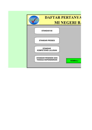 DAFTAR PERTANYAAN VI
                  MI NEGERI BALUNG
    STANDAR ISI




  STANDAR PROSES



    STANDAR
KOMPETENSI LULUSAN



STANDAR PENDIDIK DAN
TENAGA KEPENDIDIKAN
                        KEMBALI
 