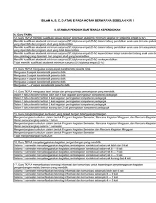 ISILAH A, B, C, D ATAU E PADA KOTAK BERWARNA SEBELAH KIRI !


                                   II. STANDAR PENDIDIK DAN TENAGA KEPENDIDIKAN
A. Guru TK/RA
12. Guru TK/RA memiliki kualifikasi sesuai dengan ketentuan akademik minimum sarjana (S1)/diploma empat (D-IV).
Memiliki kualifikasi akademik minimum sarjana (S1)/diploma empat (D-IV) dalam bidang pendidikan anak usia dini atau psikolo
yang diperoleh dari program studi yang terakreditasi
Memiliki kualifikasi akademik minimum sarjana (S1)/diploma empat (D-IV) dalam bidang pendidikan anak usia dini ataupsikolo
yang diperoleh dari program studi yang tidak terakreditasi
Memiliki kualifikasi akademik minimum sarjana (S1)/diploma empat (D-IV) kependidikan tetapi bukan dari bidang anak usia din
atau psikologi yang diperoleh dari program studi yang terakreditasi
Memiliki kualifikasi akademik minimum sarjana (S1)/diploma empat (D-IV) nonkependidikan
Tidak memiliki kualifikasi akademik minimum sarjana (S1)/diploma empat (D-IV)

13. Guru TK/RA menguasai aspek-aspek karakteristik peserta didik.
Menguasai 6 aspek karakteristik peserta didik
Menguasai 5 aspek karakteristik peserta didik
Menguasai 4 aspek karakteristik peserta didik
Menguasai 3 aspek karakteristik peserta didik
Menguasai 1—2 aspek karakteristik peserta didik

14. Guru TK/RA menguasai teori belajar dan prinsip-prinsip pembelajaran yang mendidik.
Dalam 1 tahun terakhir terlibat lebih dari 4 kali kegiatan peningkatan kompetensi pedagogik
Dalam 1 tahun terakhir terlibat 4 kali kegiatan peningkatan kompetensi pedagogik
Dalam 1 tahun terakhir terlibat 3 kali kegiatan peningkatan kompetensi pedagogik
Dalam 1 tahun terakhir terlibat 2 kali kegiatan peningkatan kompetensi pedagogik
Dalam 1 tahun terakhir terlibat kurang dari 2 kali peningkatan kompetensi pedagogik

15. Guru mengembangkan kurikulum yang terkait dengan bidang pengembangan.
Mengembangkan kurikulum dalam bentuk Program Kegiatan Semester, Rencana Kegiatan Mingguan, dan Rencana Kegiatan
Harian secara lengkap selama 1 tahun
Mengembangkan kurikulum dalam bentuk Program Kegiatan Semester, Rencana Kegiatan Mingguan, dan Rencana Kegiatan
Harian secara lengkap selama 1 semester
Mengembangkan kurikulum dalam bentuk Program Kegiatan Semester dan Rencana Kegiatan Mingguan
Mengembangkan kurikulum dalam bentuk Program Kegiatan Semester
Tidak mengembangkan kurikulum

16. Guru TK/RA menyelenggarakan kegiatan pengembangan yang mendidik.
Selama 1 semester menyelenggarakan kegiatan pembelajaran kontekstual sebanyak lebih dari 9 kali
Selama 1 semester menyelenggarakan kegiatan pembelajaran kontekstual sebanyak 8 — 9 kali
Selama 1 semester menyelenggarakan kegiatan pembelajaran kontekstual sebanyak 6 — 7 kali
Selama 1 semester menyelenggarakan kegiatan pembelajaran kontekstual sebanyak 4 — 5 kali
Selama 1 semester menyelenggarakan kegiatan pembelajaran kontekstual sebanyak kurang dari 4 kali

17. Guru TK/RA memanfaatkan teknologi informasi dan komunikasi untuk kepentingan penyelenggaraan kegiatan
pengembangan melalui bermain yang mendidik.
Selama 1 semester memanfaatkan teknologi informasi dan komunikasi sebanyak lebih dari 9 kali
Selama 1 semester memanfaatkan teknologi informasi dan komunikasi sebanyak 8 — 9 kali
Selama 1 semester memanfaatkan teknologi informasi dan komunikasi sebanyak 6 — 7 kali
Selama 1 semester memanfaatkan teknologi informasi dan komunikasi sebanyak 4 — 5 kali
 