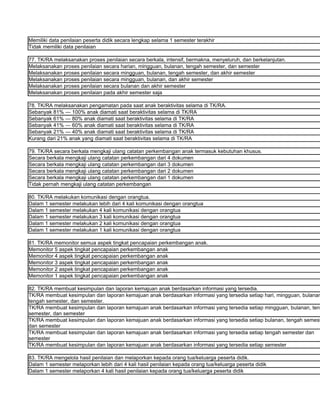 Memiliki data penilaian peserta didik secara lengkap selama 1 semester terakhir
Tidak memiliki data penilaian

77. TK/RA melaksanakan proses penilaian secara berkala, intensif, bermakna, menyeluruh, dan berkelanjutan.
Melaksanakan proses penilaian secara harian, mingguan, bulanan, tengah semester, dan semester
Melaksanakan proses penilaian secara mingguan, bulanan, tengah semester, dan akhir semester
Melaksanakan proses penilaian secara mingguan, bulanan, dan akhir semester
Melaksanakan proses penilaian secara bulanan dan akhir semester
Melaksanakan proses penilaian pada akhir semester saja

78. TK/RA melaksanakan pengamatan pada saat anak beraktivitas selama di TK/RA.
Sebanyak 81% — 100% anak diamati saat beraktivitas selama di TK/RA
Sebanyak 61% — 80% anak diamati saat beraktivitas selama di TK/RA
Sebanyak 41% — 60% anak diamati saat beraktivitas selama di TK/RA
Sebanyak 21% — 40% anak diamati saat beraktivitas selama di TK/RA
Kurang dari 21% anak yang diamati saat beraktivitas selama di TK/RA

79. TK/RA secara berkala mengkaji ulang catatan perkembangan anak termasuk kebutuhan khusus.
Secara berkala mengkaji ulang catatan perkembangan dari 4 dokumen
Secara berkala mengkaji ulang catatan perkembangan dari 3 dokumen
Secara berkala mengkaji ulang catatan perkembangan dari 2 dokumen
Secara berkala mengkaji ulang catatan perkembangan dari 1 dokumen
Tidak pernah mengkaji ulang catatan perkembangan

80. TK/RA melakukan komunikasi dengan orangtua.
Dalam 1 semester melakukan lebih dari 4 kali komunikasi dengan orangtua
Dalam 1 semester melakukan 4 kali komunikasi dengan orangtua
Dalam 1 semester melakukan 3 kali komunikasi dengan orangtua
Dalam 1 semester melakukan 2 kali komunikasi dengan orangtua
Dalam 1 semester melakukan 1 kali komunikasi dengan orangtua

81. TK/RA memonitor semua aspek tingkat pencapaian perkembangan anak.
Memonitor 5 aspek tingkat pencapaian perkembangan anak
Memonitor 4 aspek tingkat pencapaian perkembangan anak
Memonitor 3 aspek tingkat pencapaian perkembangan anak
Memonitor 2 aspek tingkat pencapaian perkembangan anak
Memonitor 1 aspek tingkat pencapaian perkembangan anak

82. TK/RA membuat kesimpulan dan laporan kemajuan anak berdasarkan informasi yang tersedia.
TK/RA membuat kesimpulan dan laporan kemajuan anak berdasarkan informasi yang tersedia setiap hari, mingguan, bulanan
tengah semester, dan semester.
TK/RA membuat kesimpulan dan laporan kemajuan anak berdasarkan informasi yang tersedia setiap mingguan, bulanan, teng
semester, dan semester
TK/RA membuat kesimpulan dan laporan kemajuan anak berdasarkan informasi yang tersedia setiap bulanan, tengah semest
dan semester
TK/RA membuat kesimpulan dan laporan kemajuan anak berdasarkan informasi yang tersedia setiap tengah semester dan
semester
TK/RA membuat kesimpulan dan laporan kemajuan anak berdasarkan informasi yang tersedia setiap semester

83. TK/RA mengelola hasil penilaian dan melaporkan kepada orang tua/keluarga peserta didik.
Dalam 1 semester melaporkan lebih dari 4 kali hasil penilaian kepada orang tua/keluarga peserta didik
Dalam 1 semester melaporkan 4 kali hasil penilaian kepada orang tua/keluarga peserta didik
 